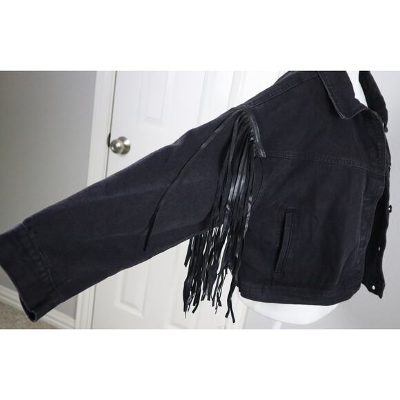 Black Denim Jacket Faux Leather Fringe Western Boho Oversized OX XL Short COTTON - Picture 5 of 10